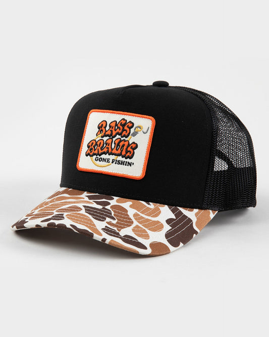 Bass Brains Gone Fishing Trucker Hat - Camo / Black