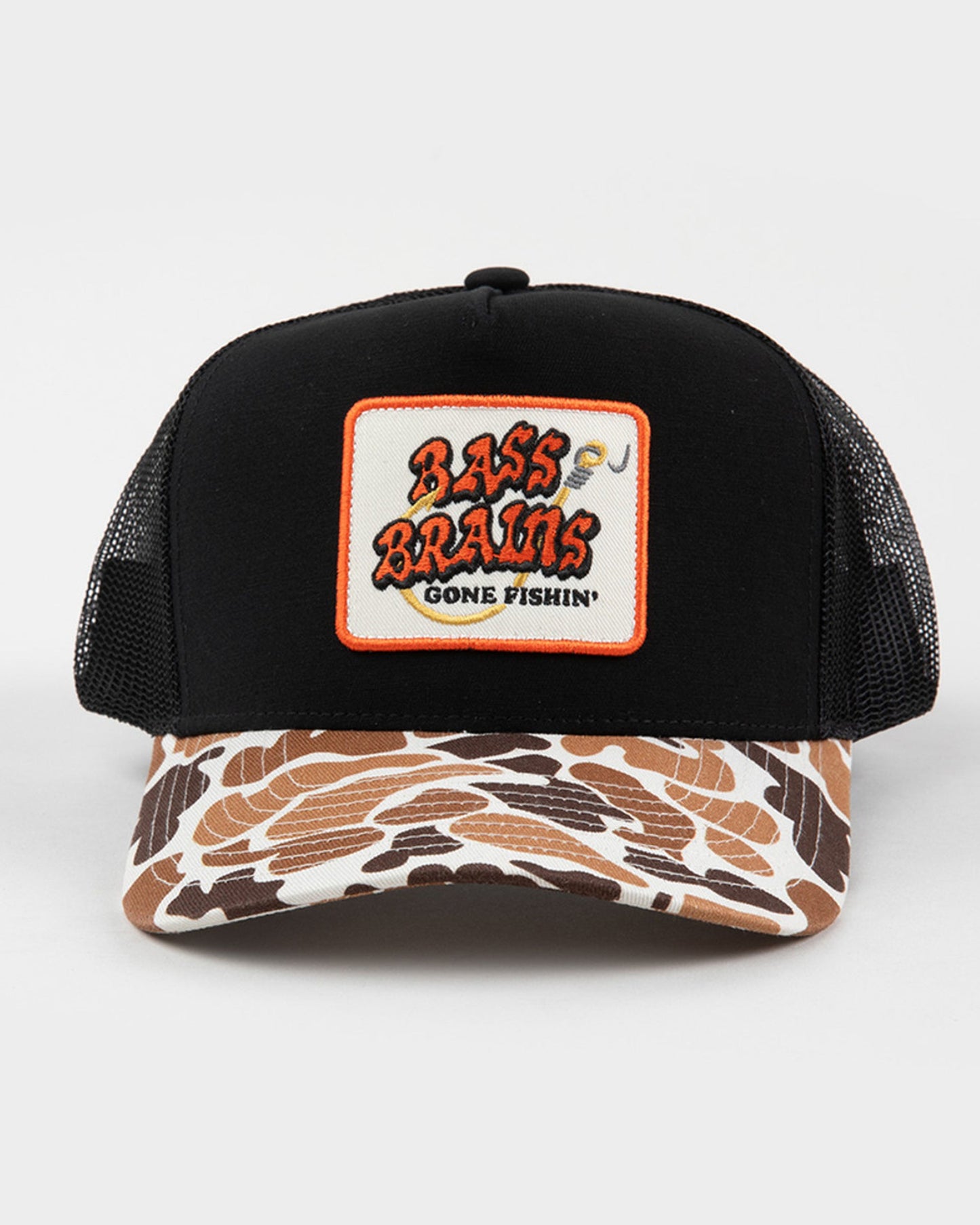 Bass Brains Gone Fishing Trucker Hat - Camo / Black